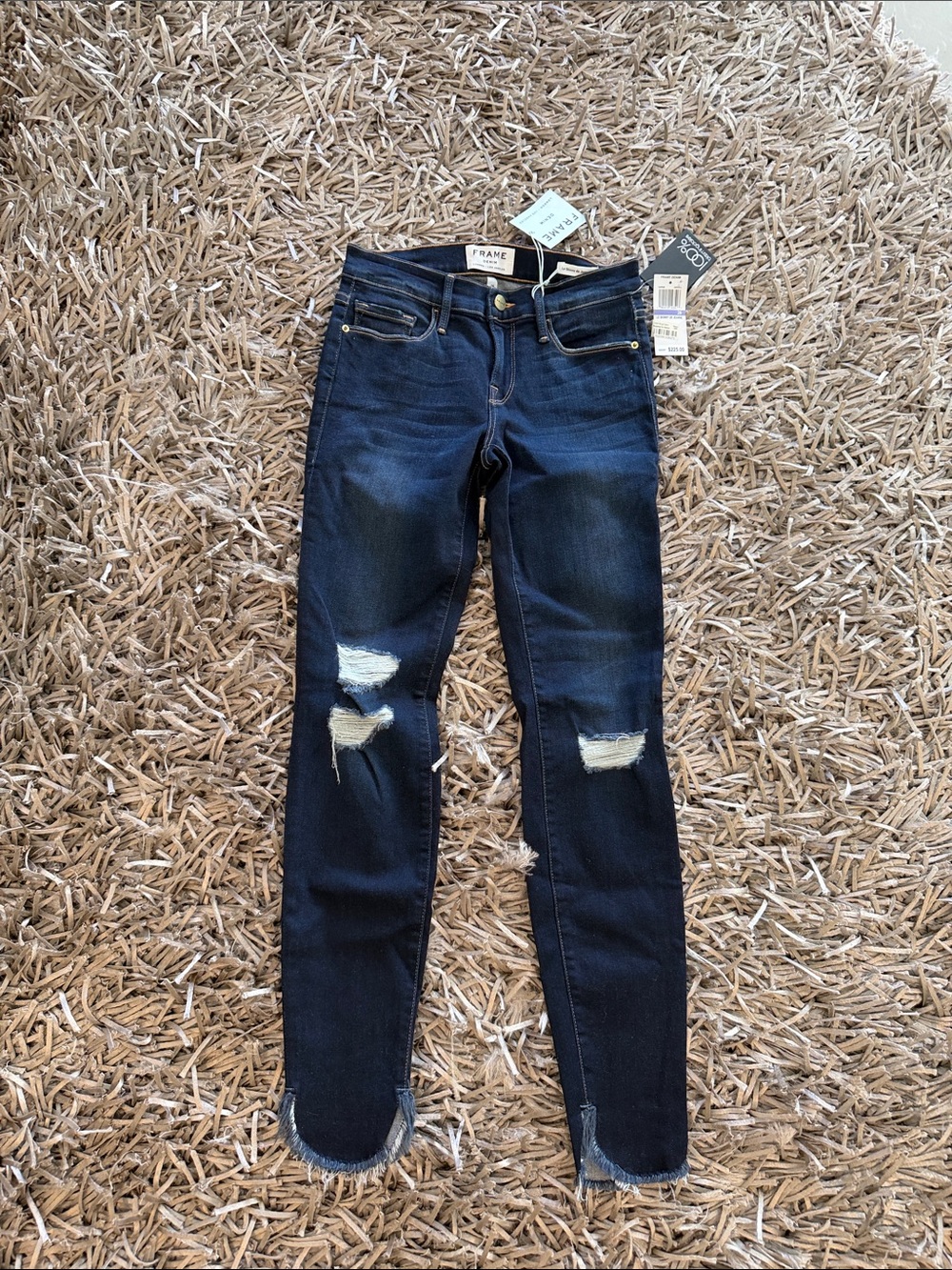 Frame Denim Dark Blue Distressed Skinny Jeans
